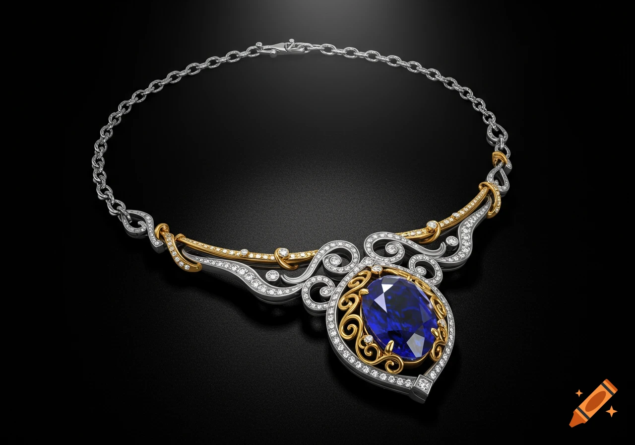 A photorealistic, ornate necklace with a large blue oval gem centerpiece, surrounded by diamonds and intricate gold and silver scrollwork.