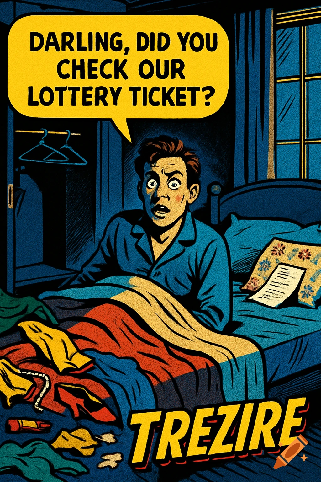Comic style illustration of a man waking up in bed looking shocked. A speech bubble above him reads: "DARLING, DID YOU CHECK OUR LOTTERY TICKET?"
