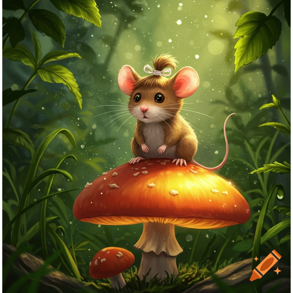 A cute cartoon mouse with a ponytail sits on a large red mushroom in a ...