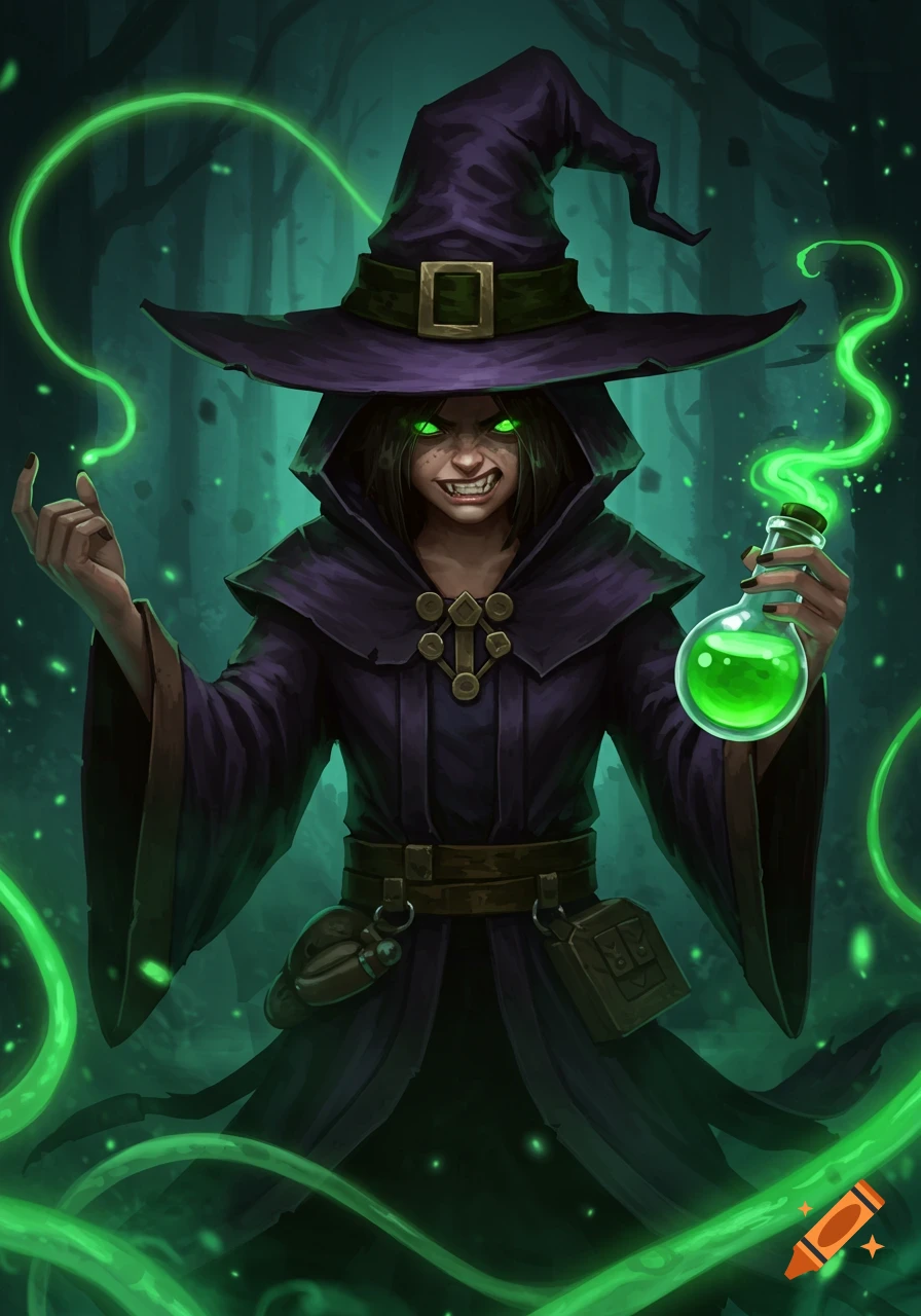 A dark fantasy digital painting of a menacing sorceress with glowing green eyes, holding a glowing green potion in a dark forest.