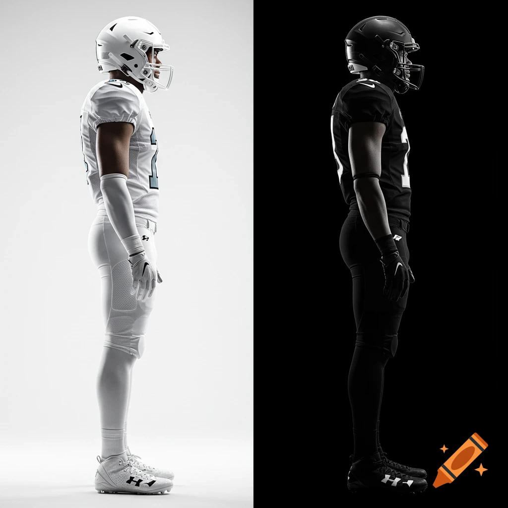 Two American football players in profile, one in a white uniform on a white background, the other in a black uniform on a black background.