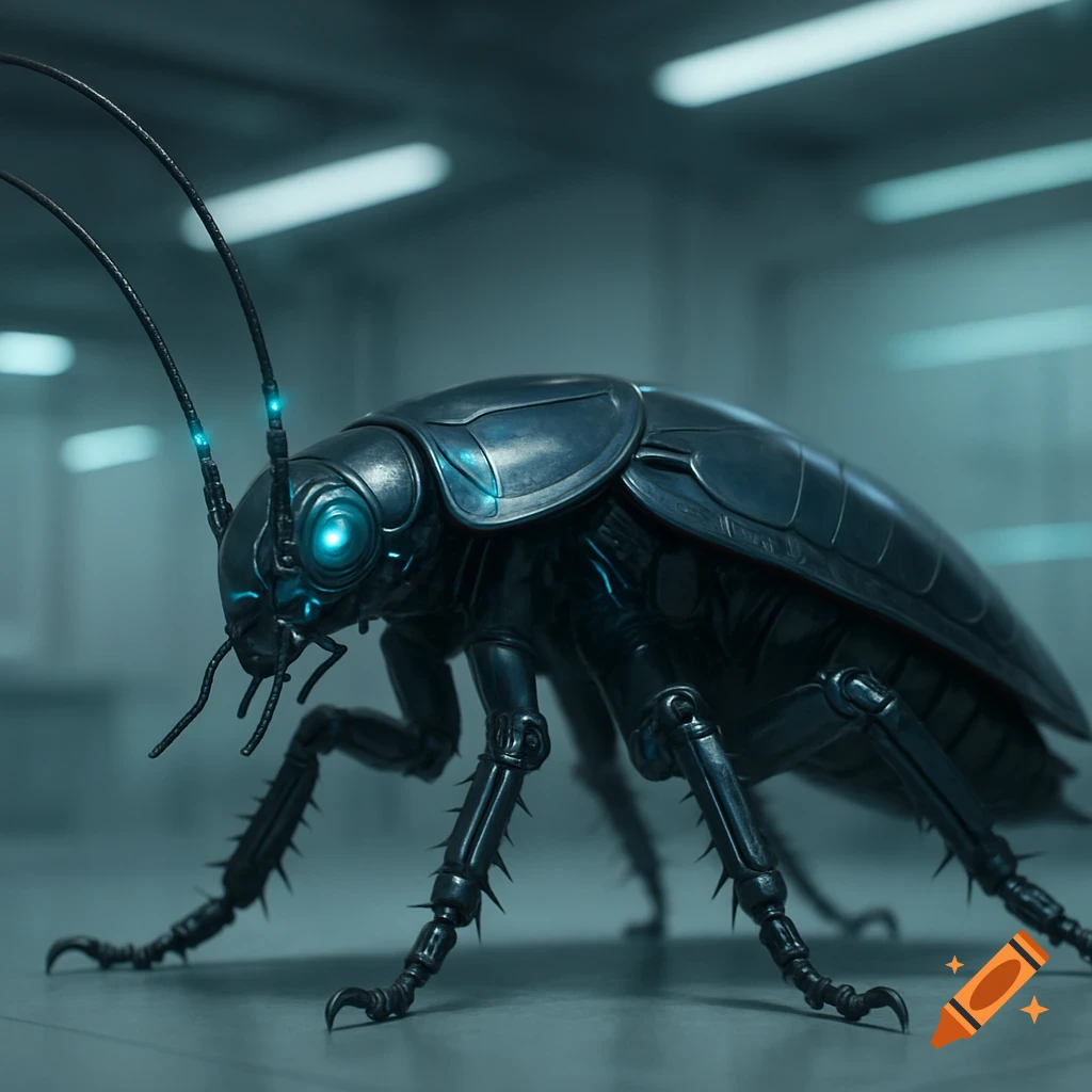 A metallic, robotic cockroach with glowing blue eyes and antennae tips, in a blurry, sterile environment.