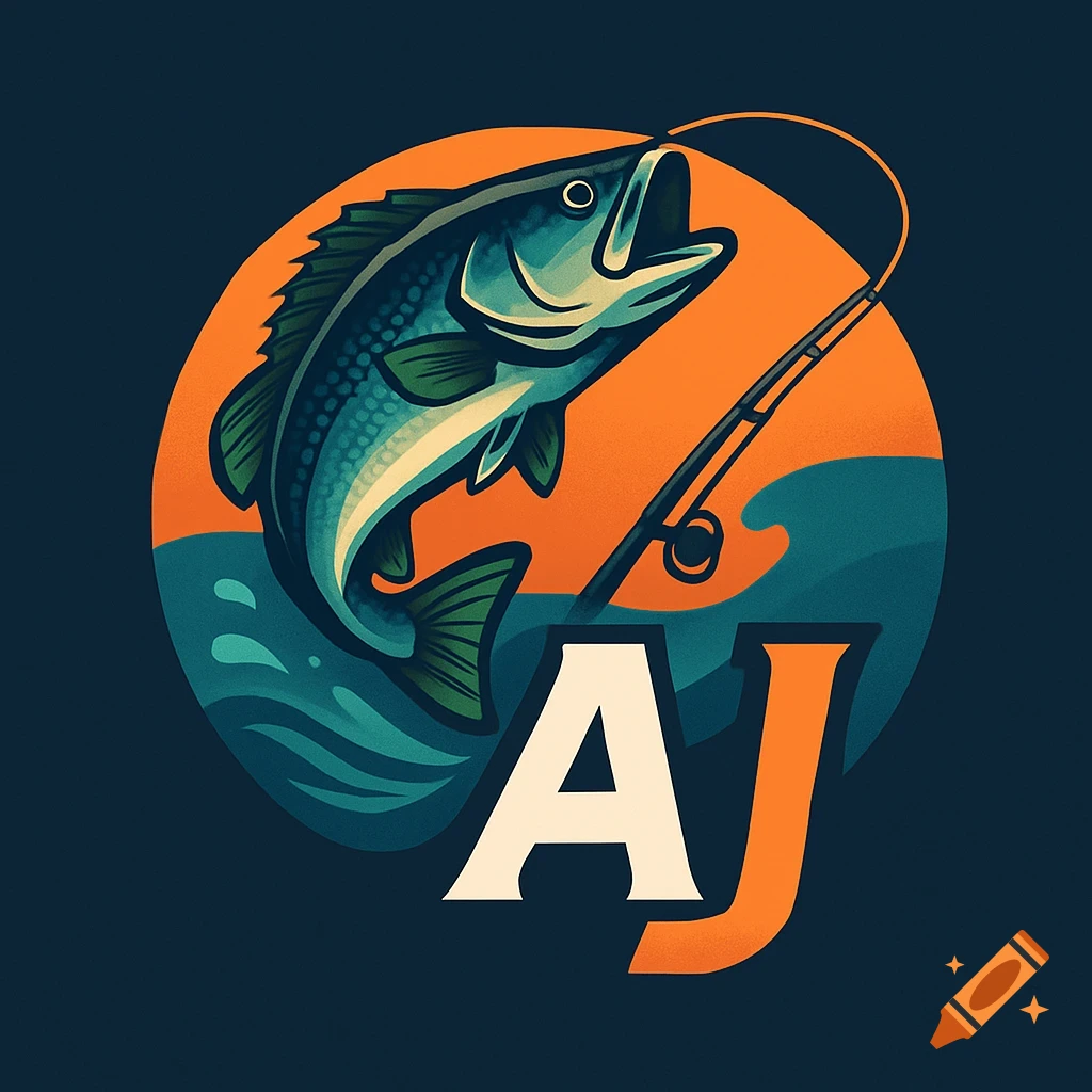 A stylized fishing logo featuring a leaping bass fish, a fishing rod, and the letters 'AJ' in white and orange against a blue and orange circular background.