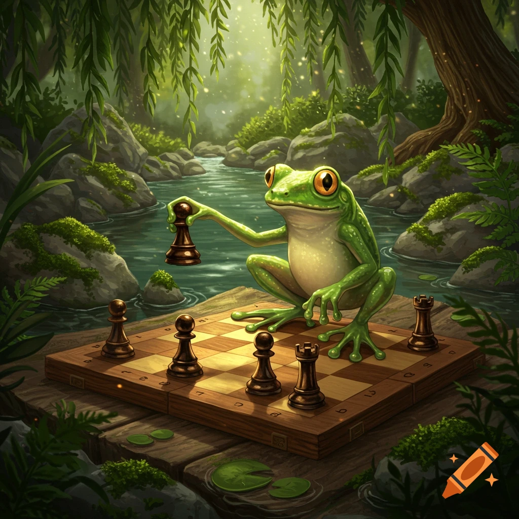 A vibrant green frog plays chess on a wooden board by a flowing river in a magical, lush forest with glowing light and hanging vines.