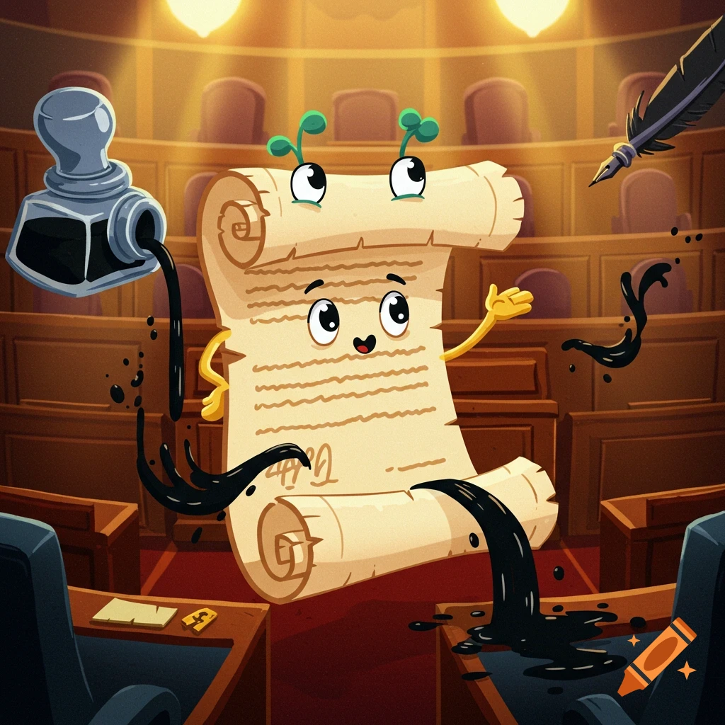 A cartoon, personified legislative bill scroll character with eyes and arms, pouring ink from a bottle and a quill in a government chamber.