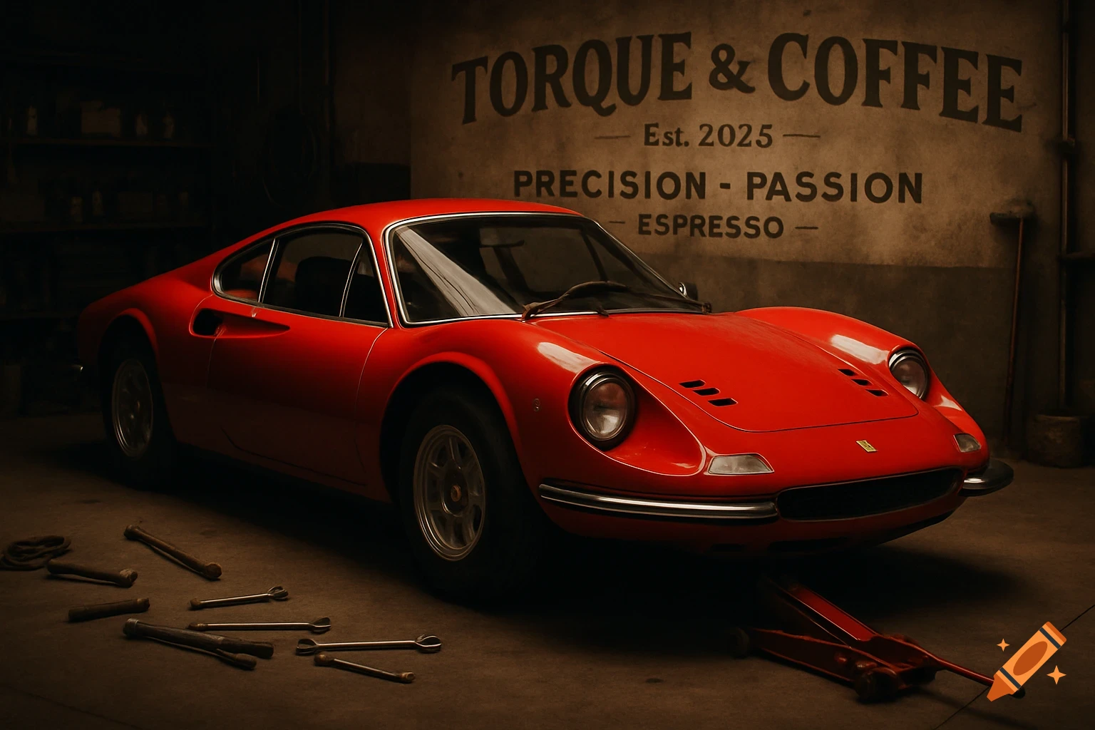 A red vintage sports car, a Ferrari Dino, sits in a dimly lit garage next to scattered tools, with a 'TORQUE & COFFEE' sign on the wall.