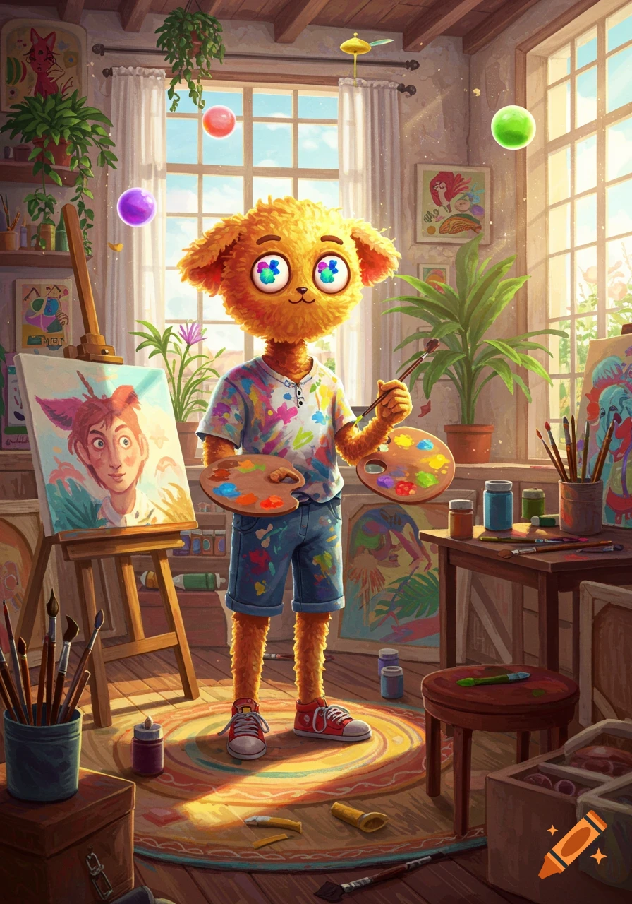 A fluffy orange character with large, colorful eyes, wearing a paint-splattered shirt and shorts, holding palettes and a brush in a sunlit art studio full of paintings.