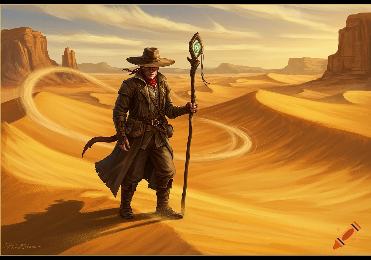 A male character in a wide-brimmed hat, long coat, and boots, holding a staff with a glowing gem, stands on a sandy dune in a vast desert landscape with mesas. Digital painting.
