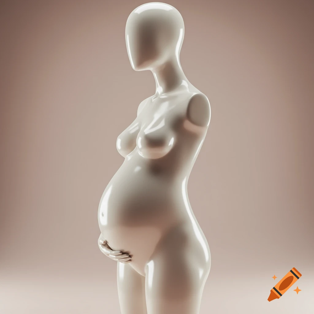 A photorealistic 3D render of a glossy white pregnant mannequin, with one hand resting on its belly, against a plain pinkish-brown background.