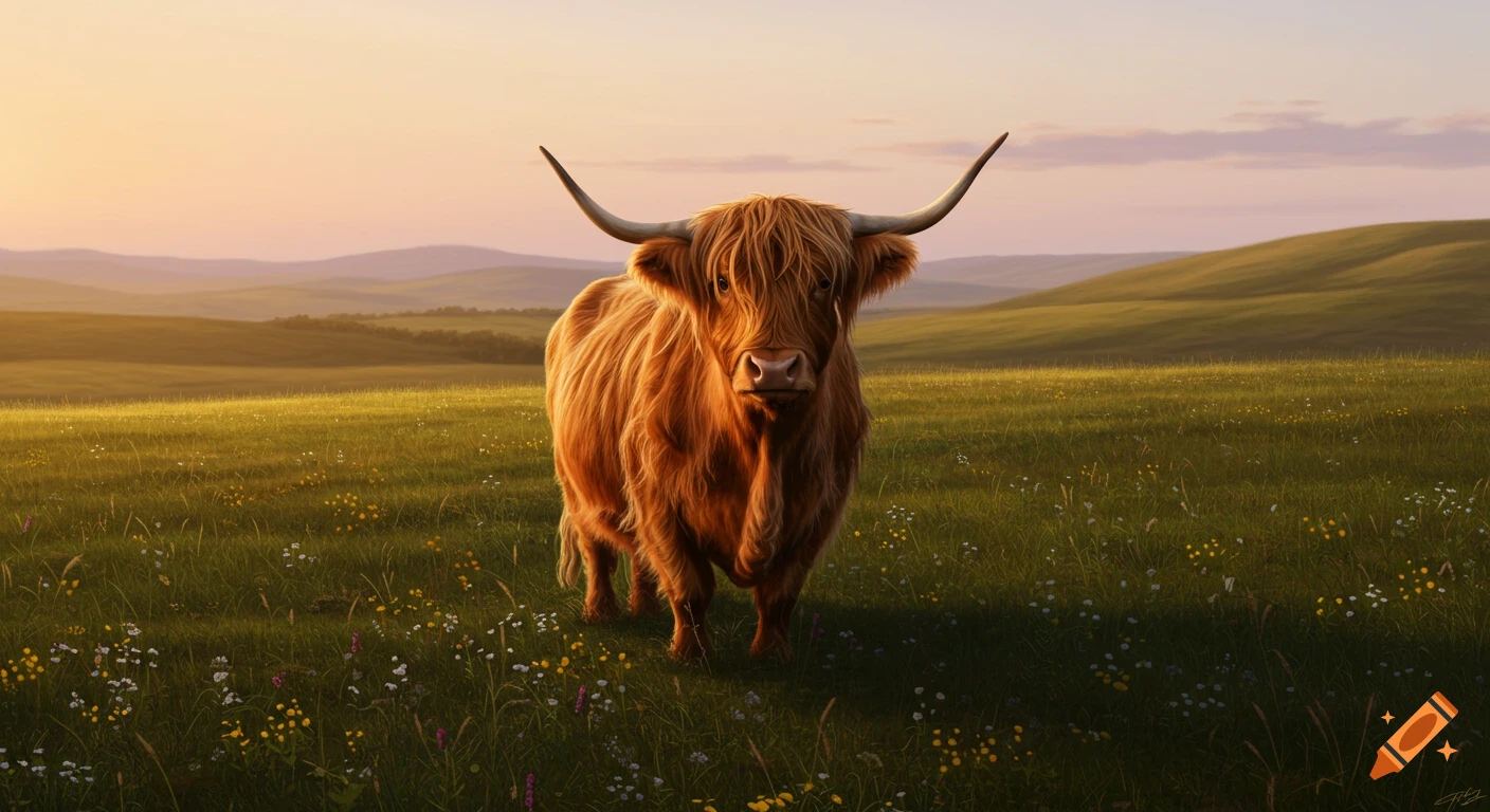 A shaggy brown Highland cow stands in a sunlit field of wildflowers ...