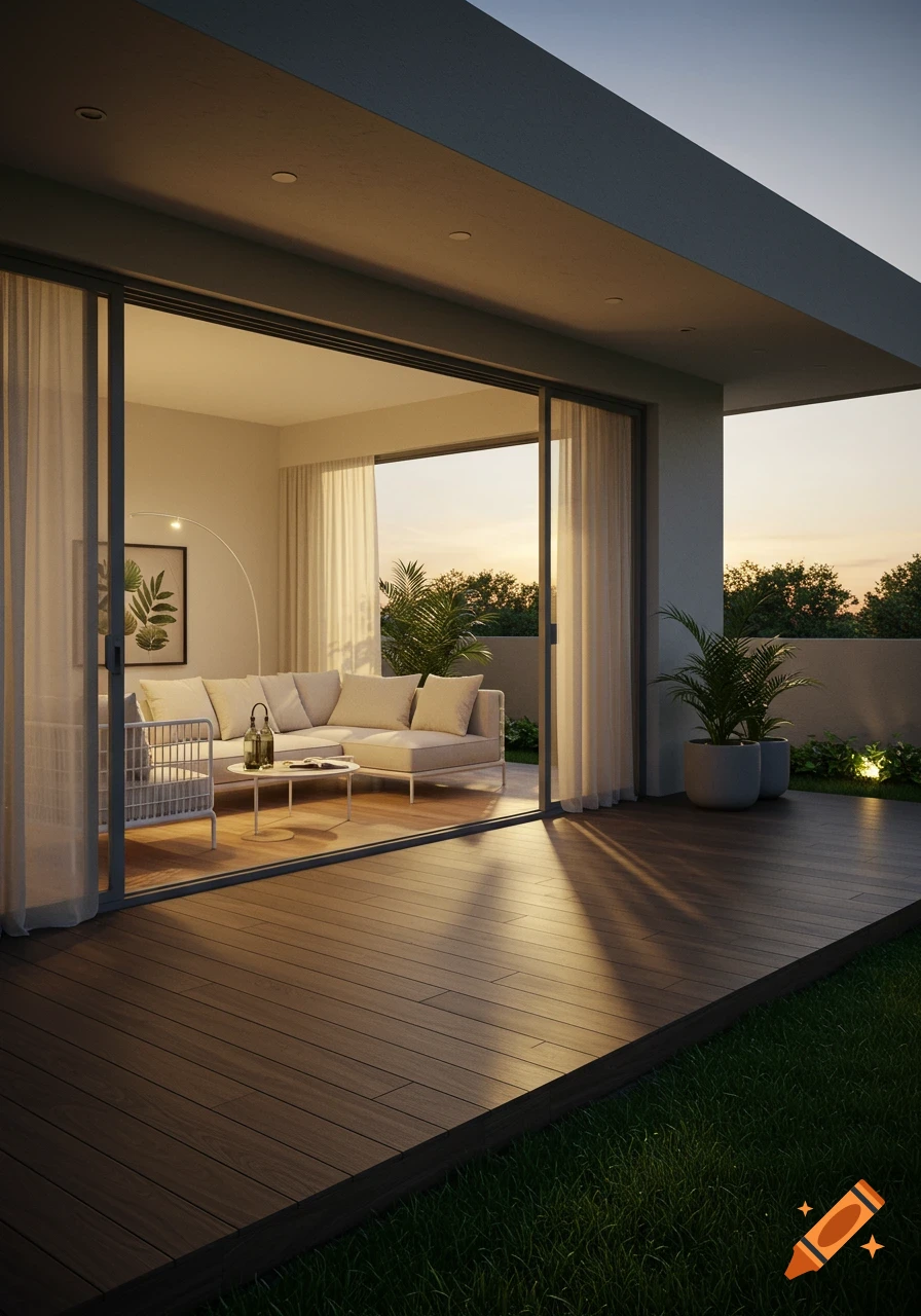 Modern living room with a sofa and lamp, opens to a wooden veranda with plants under a sunset sky.