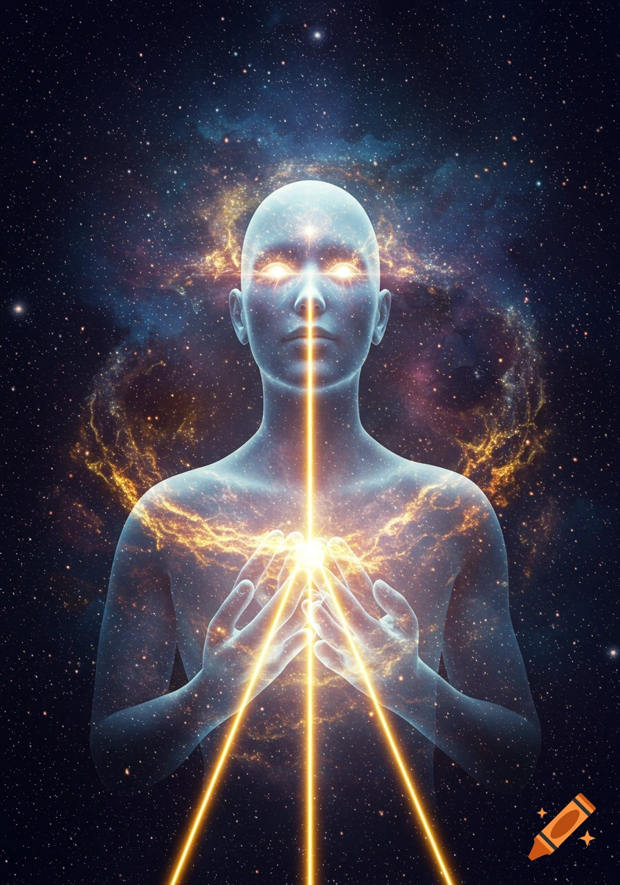 Translucent humanoid figure with glowing eyes and light beams emanating from hands and mouth, against a starry cosmic background.