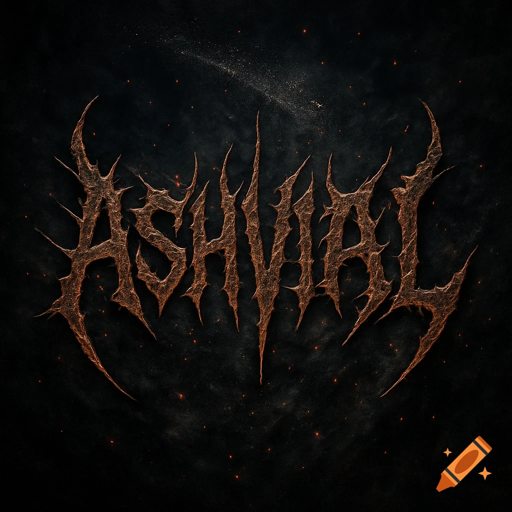A dark, textured death metal band logo for 'Ashvial' with jagged, ash-like letters on a dusty, ember-flecked background.