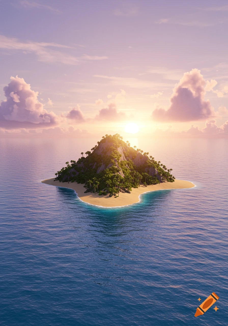 An aerial view of a small tropical island with lush green trees and a sandy beach, surrounded by blue ocean under a sunset sky.