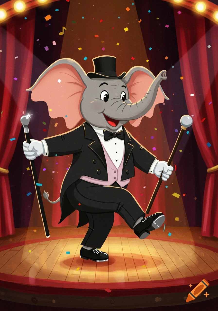 A friendly cartoon elephant in a tuxedo, top hat, and tap shoes dances on a stage, holding a cane amidst falling confetti.