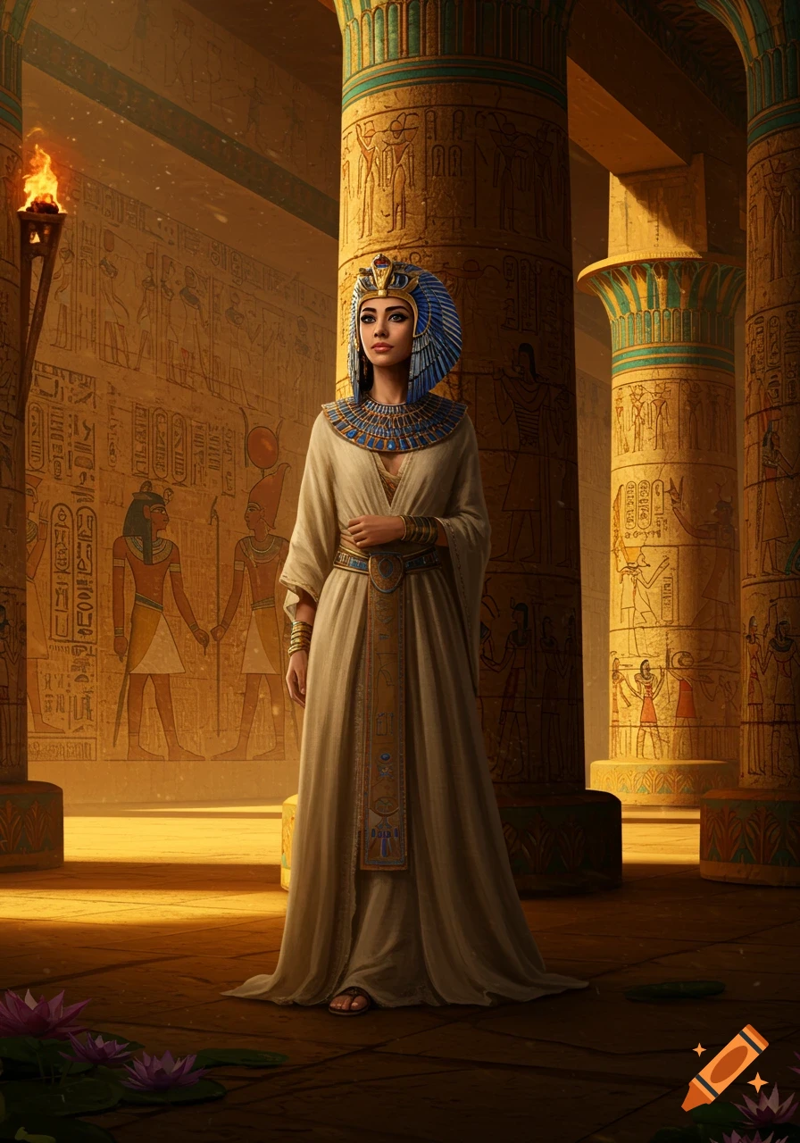 A pharaoh queen with a blue and gold headdress and ceremonial dress stands in an ancient Egyptian temple with hieroglyph-covered columns and walls, illuminated by a torch and golden light.