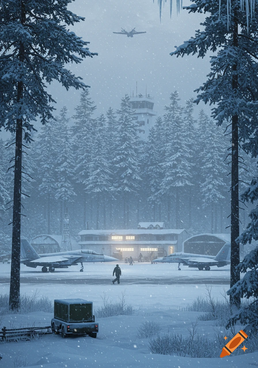 A snowy military airport scene with two jet fighters on the tarmac, a control tower among snow-covered pine trees, and a person walking towards a hangar. Snow falls in a photorealistic style.