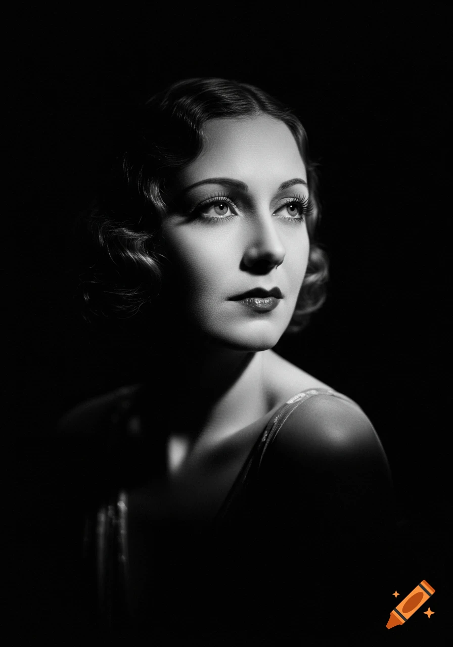 Black and white portrait of a woman in 1920s Hollywood glamour style, with chiaroscuro lighting on her face.