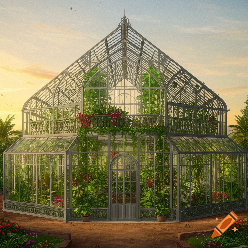 A beautiful, photorealistic two-story glass greenhouse filled with lush green plants and colorful flowers, under a warm sunset sky.