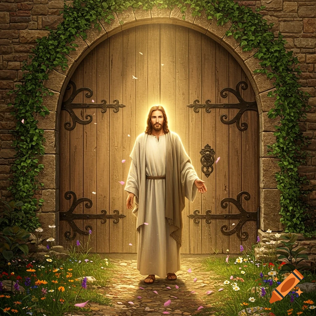 Jesus Christ with a glowing halo stands before an arched wooden door framed by ivy, with colorful flowers at his feet, in a serene, photorealistic style.