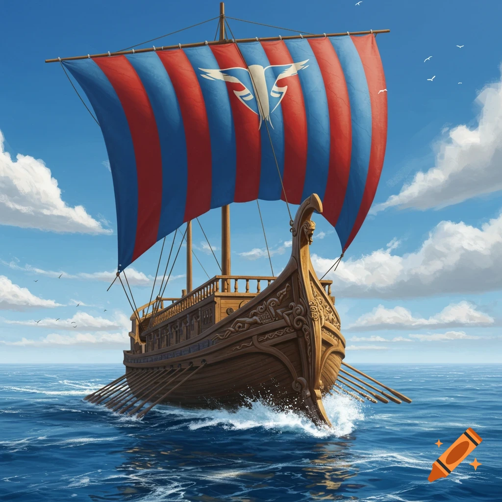 An ancient wooden ship with a large red and blue striped sail bearing a white emblem, sailing on a blue sea under a cloudy sky.