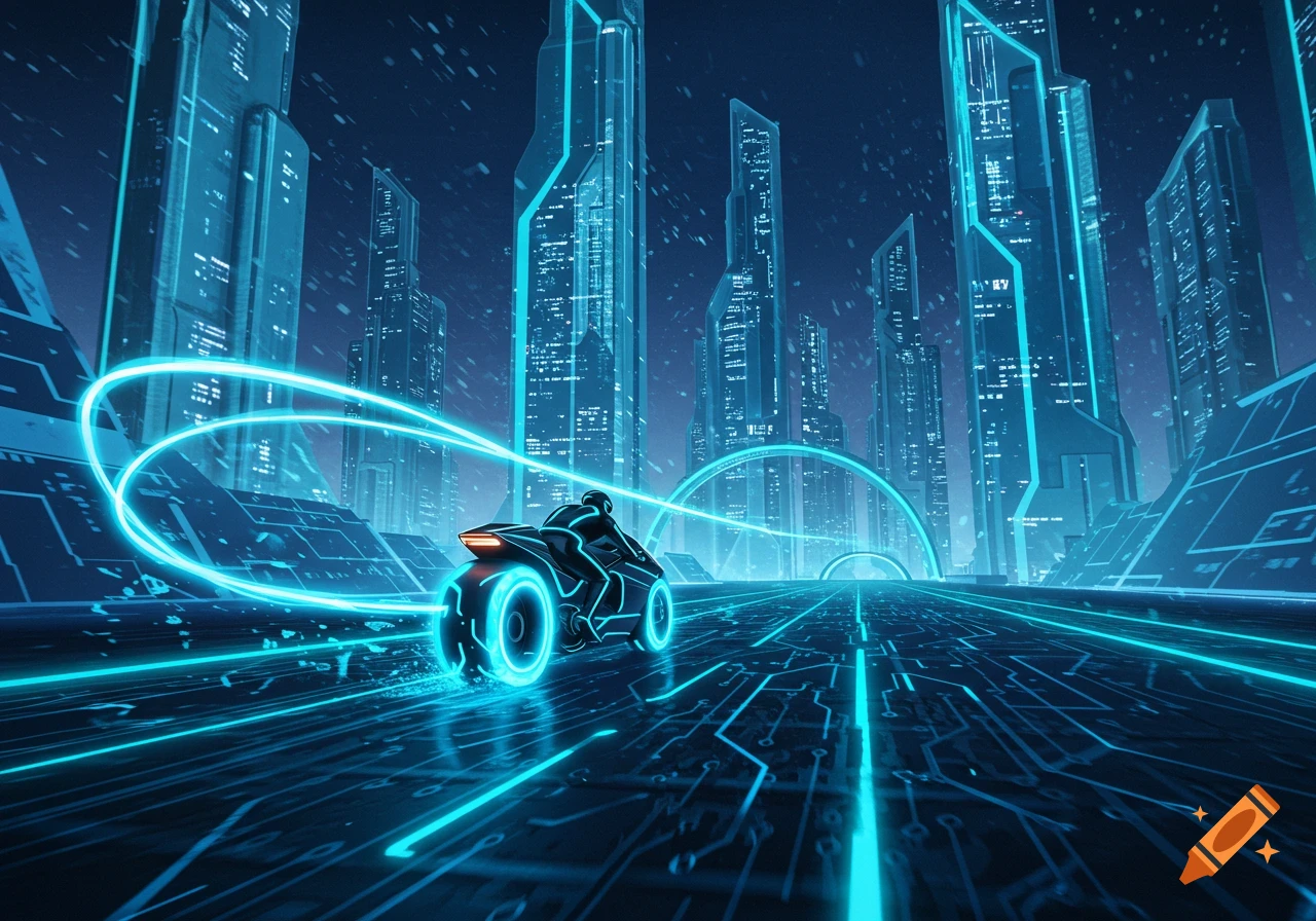 A person on a glowing blue light cycle rides down a circuit-board road ...