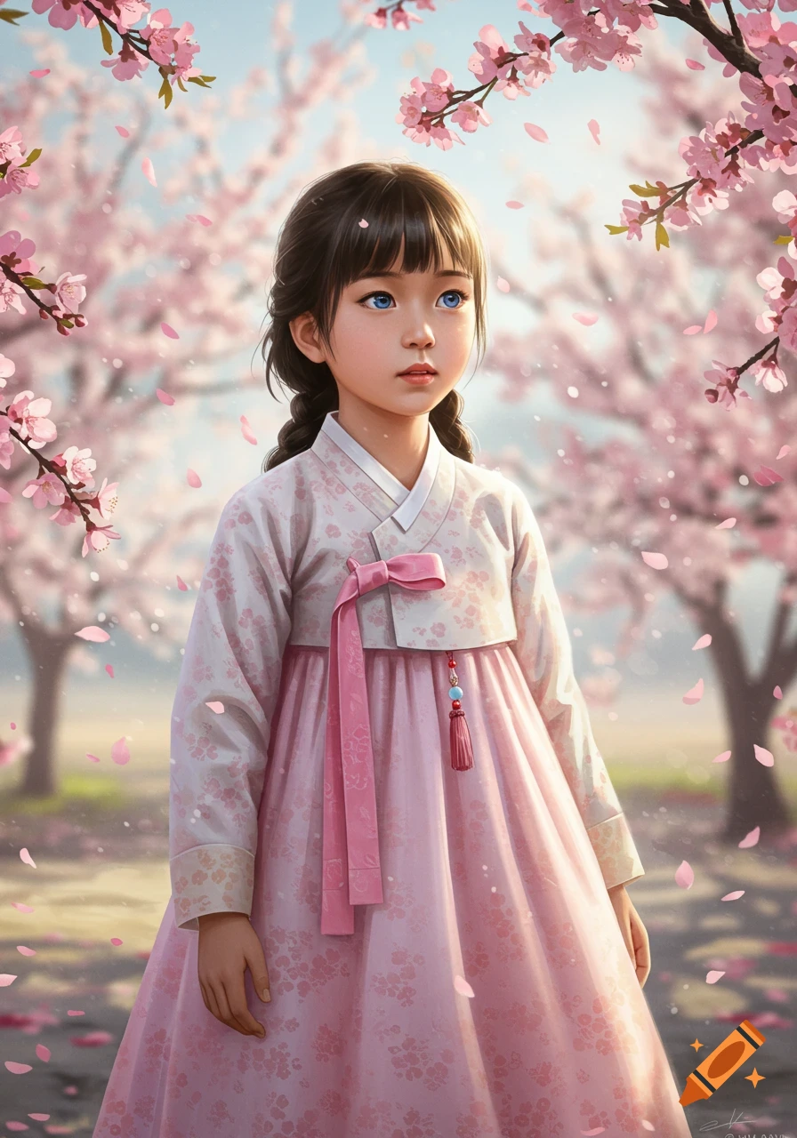 A young girl with braids and blue eyes in a pink and white hanbok stands among falling cherry blossoms, digital painting.