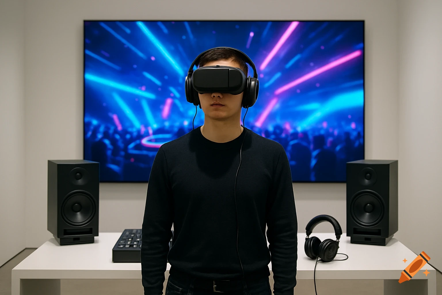 A person wearing a VR headset and headphones stands in front of a large screen displaying vibrant blue and pink club visuals, flanked by speakers.