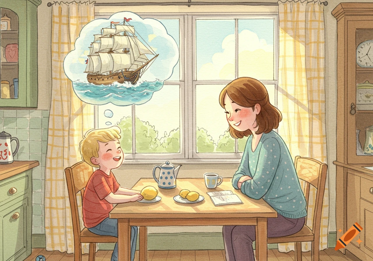 Watercolor illustration of a smiling mother and son at a sunny kitchen table, the boy dreaming of a sailing ship in a thought bubble.