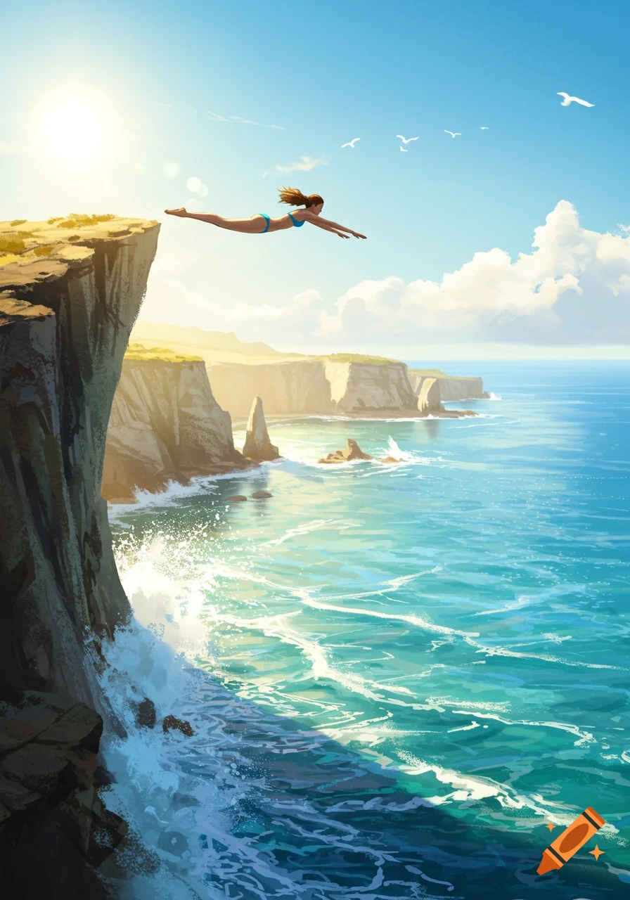 An illustration of a woman in a blue bikini diving headfirst off a sunny cliff into the blue ocean.