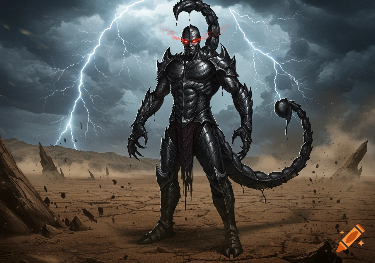 A powerful, armored black scorpion-man villain with glowing red eyes stands in a stormy desert under lightning.