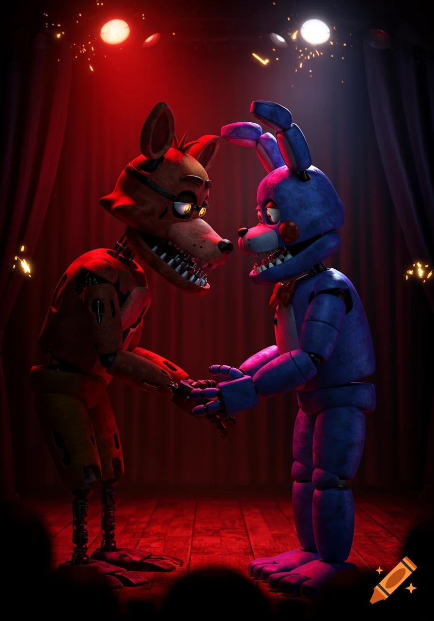 Foxy and Bonnie animatronics from Five Nights at Freddy's stand on a dark stage with red lighting, facing each other and almost holding hands.