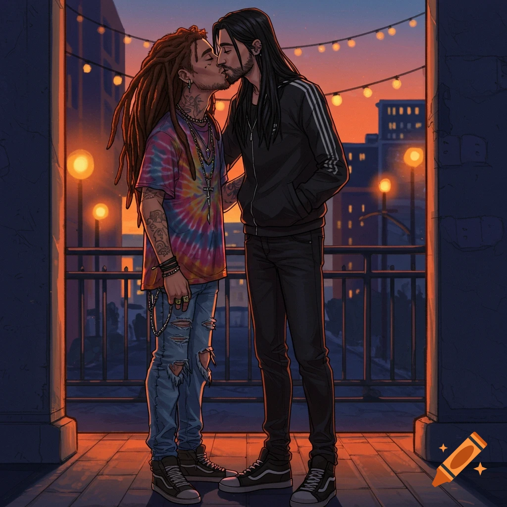 Illustrated image of two men kissing intimately on a city balcony at sunset with string lights.