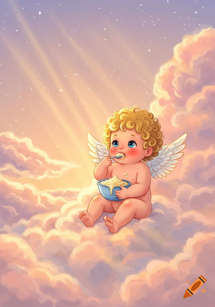 A cute cartoon baby angel with blonde curly hair and wings sits on a cloud, eating cake batter from a blue bowl.