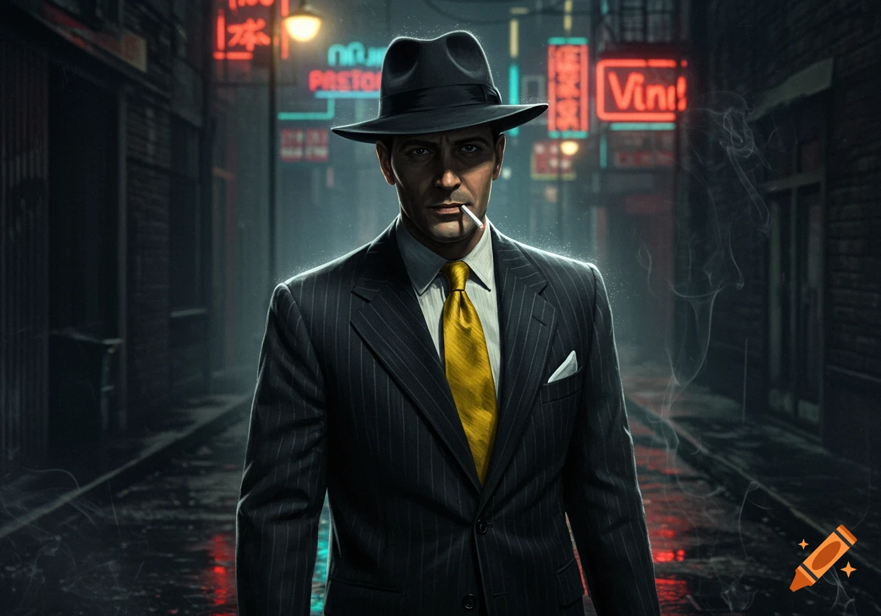 A man in a pinstripe suit, fedora, and yellow tie, smoking a cigarette in a dark, neon-lit alley.