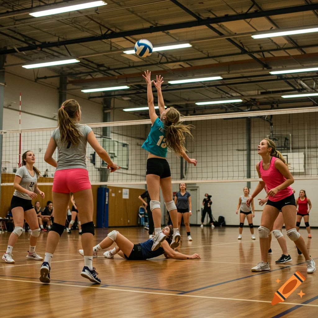 Young women playing volleyball in an indoor gym, one in mid-air setting the ball.