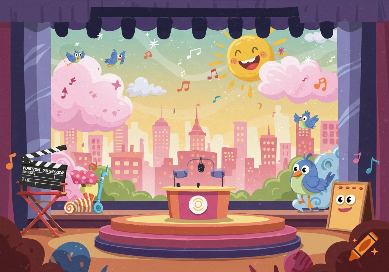 A vibrant cartoon background of an outdoor stage with a podium, clapperboard, and cityscape, featuring birds and a happy sun.