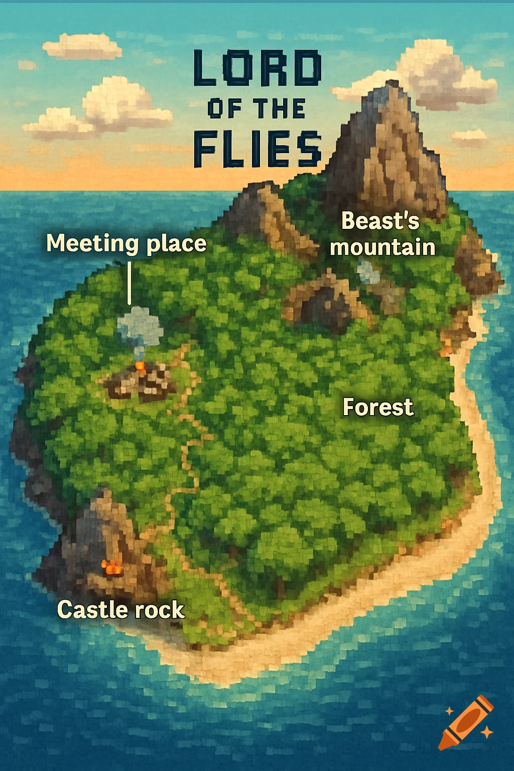 Pixel art map of Lord of the Flies island showing 'Meeting place', 'Beast's mountain', 'Forest', and 'Castle rock'.