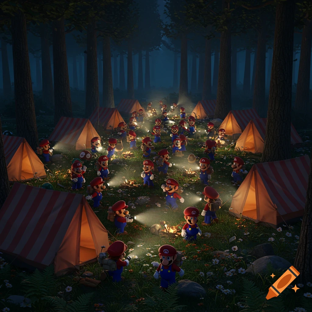 Numerous Super Mario clones camp in a dark, moonlit forest, illuminated by their tents and flashlights.