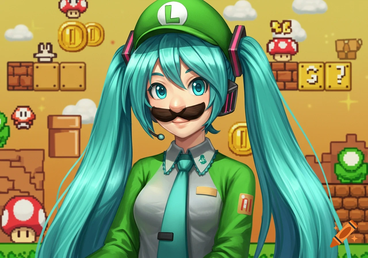Anime girl Hatsune Miku dressed as Luigi, wearing a green hat with an 'L' and a fake mustache, against a Super Mario background.