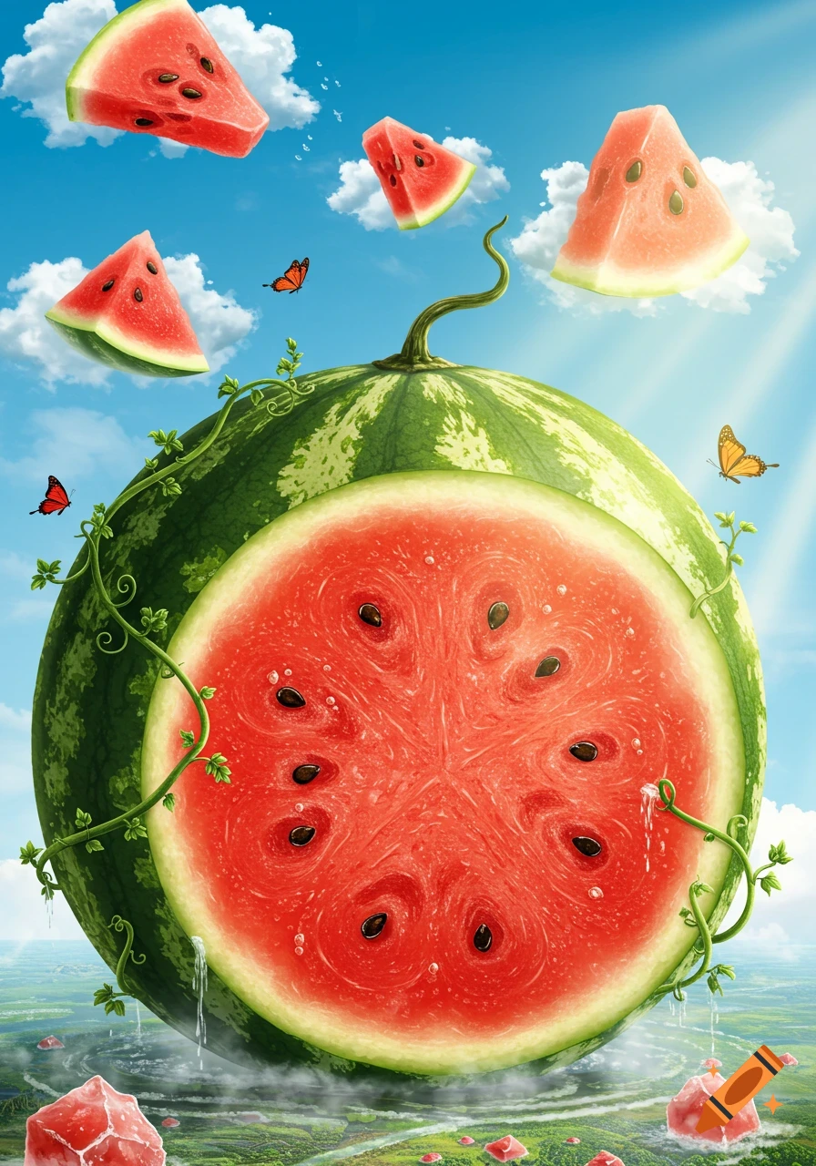 A giant cut watermelon with vines and butterflies floats in a sunny blue sky above a green landscape, surrounded by smaller watermelon slices and ice cubes.