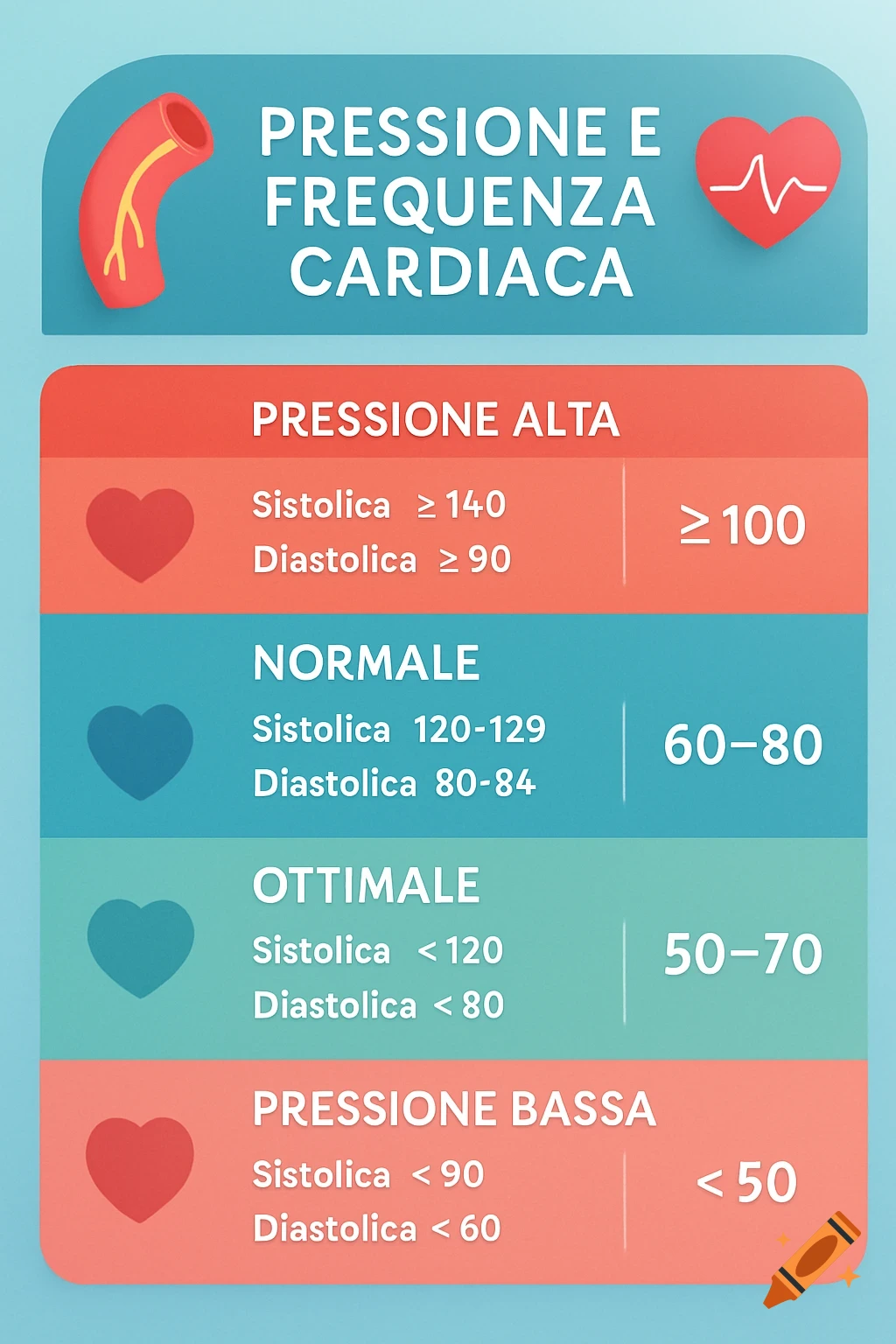 Colorful infographic in Italian displaying blood pressure and heart rate reference values across categories like high, normal, optimal, and low.