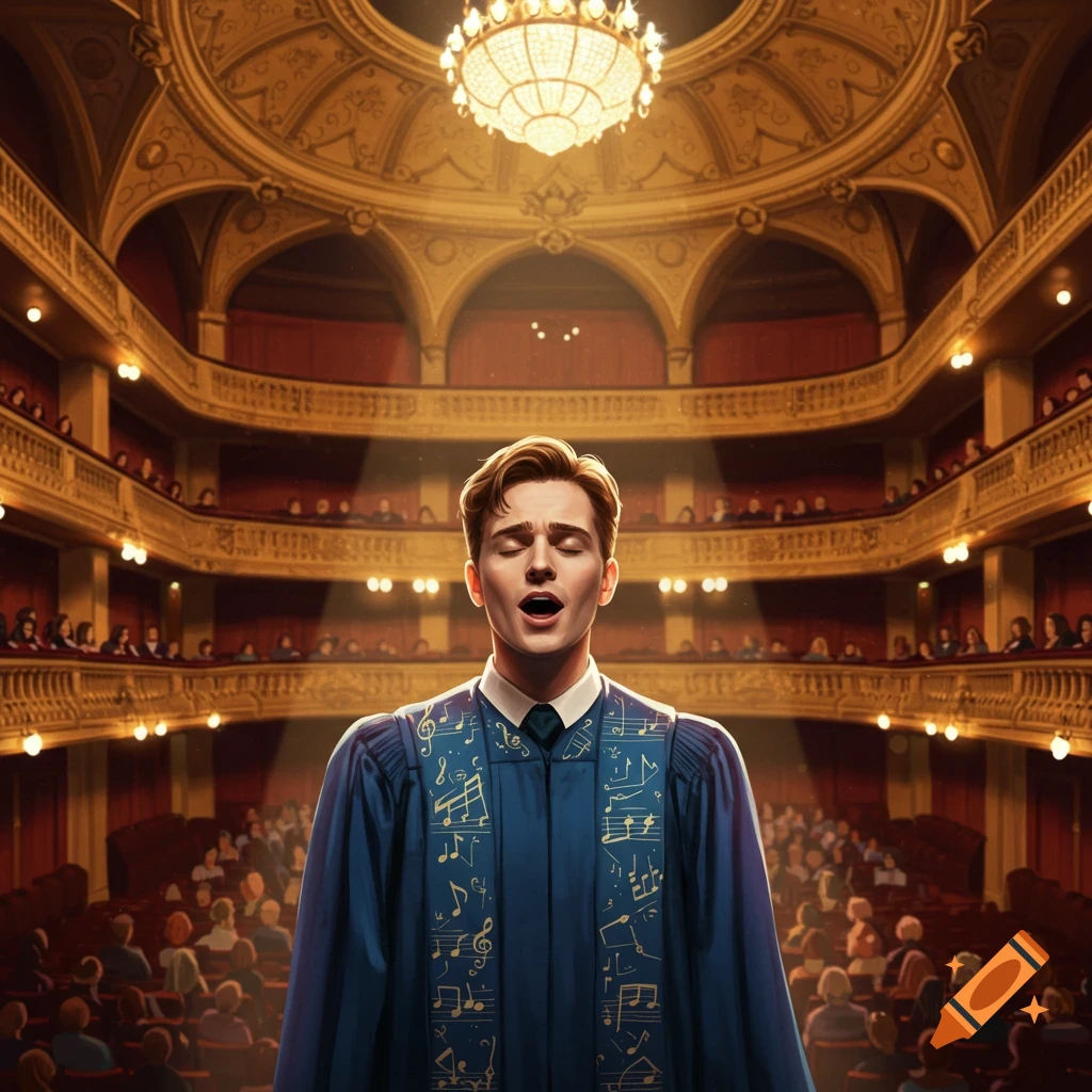 A young male singer in a blue robe adorned with musical notes performs on stage in an ornate opera house with a large chandelier.
