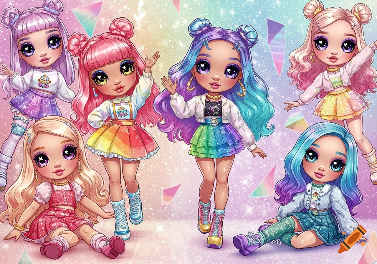 Six colorful, big-eyed, anime-style doll characters with vibrant hair and outfits posing against a sparkling, pastel background.