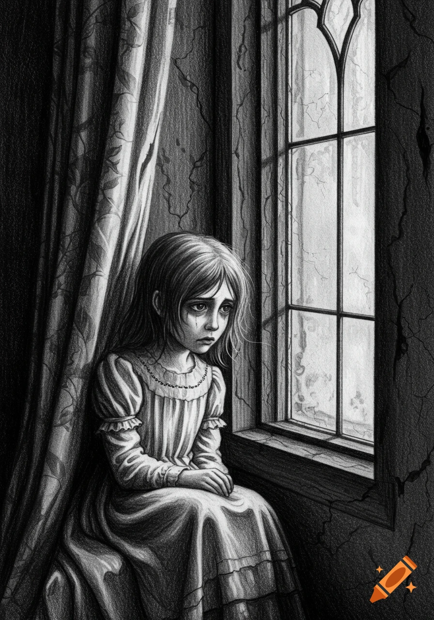 Black and white pencil drawing of a sad, lonely girl in a Victorian dress, sitting by a window in a dark, decaying room.
