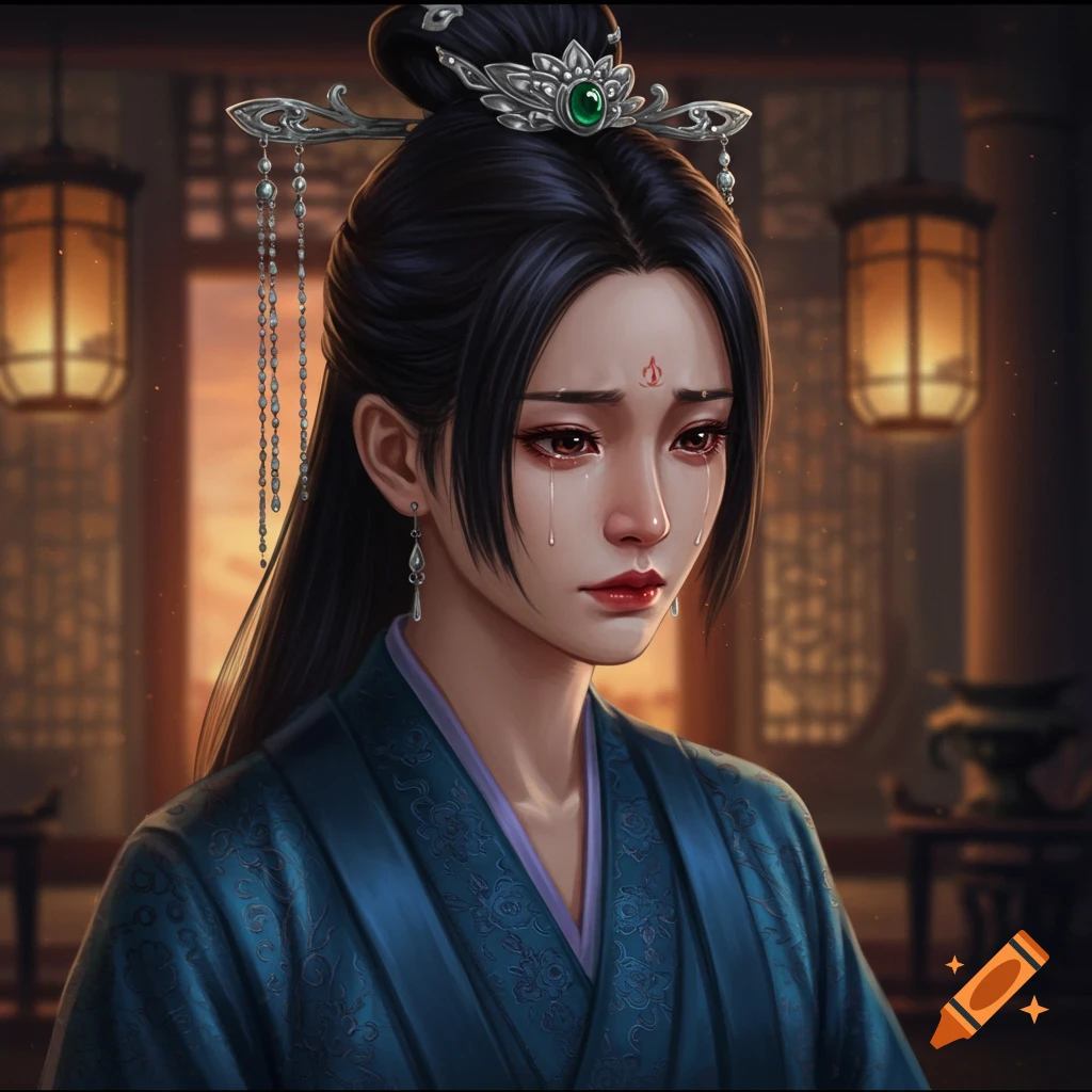 A close-up digital painting of a sad Asian female noble in traditional blue and purple attire, adorned with an ornate silver headdress, tearfully looking down in a dimly lit room with lanterns.