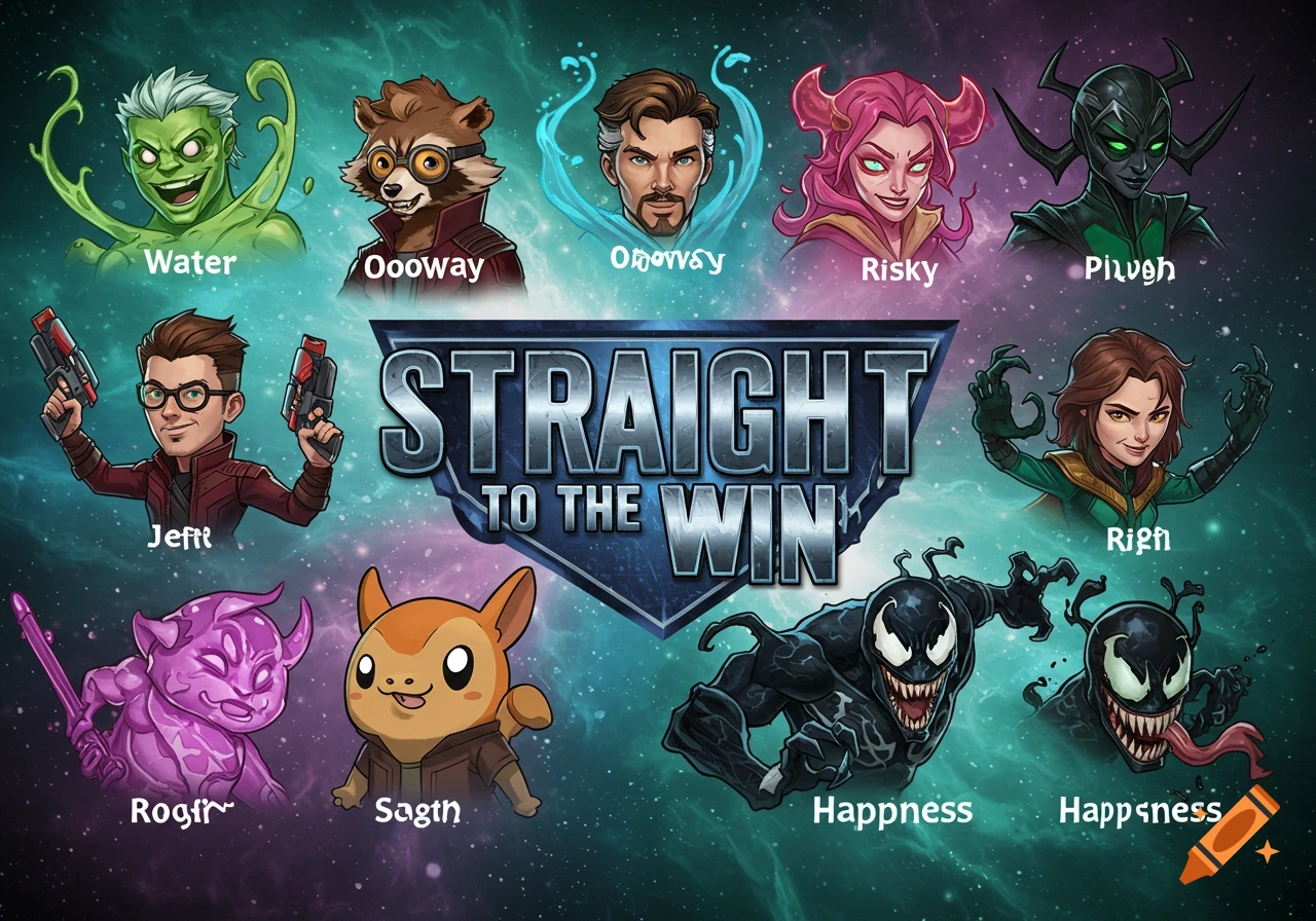 A team roster poster featuring various Marvel-style cartoon characters and original designs. The team name "STRAIGHT TO THE WIN" is central, surrounded by characters like a green slime creature, Rocket Raccoon, Doctor Strange, a pink-horned woman, Hela, a man with guns, a woman with green powers, a purple creature, an orange creature, and two Venoms, each with a name below them.