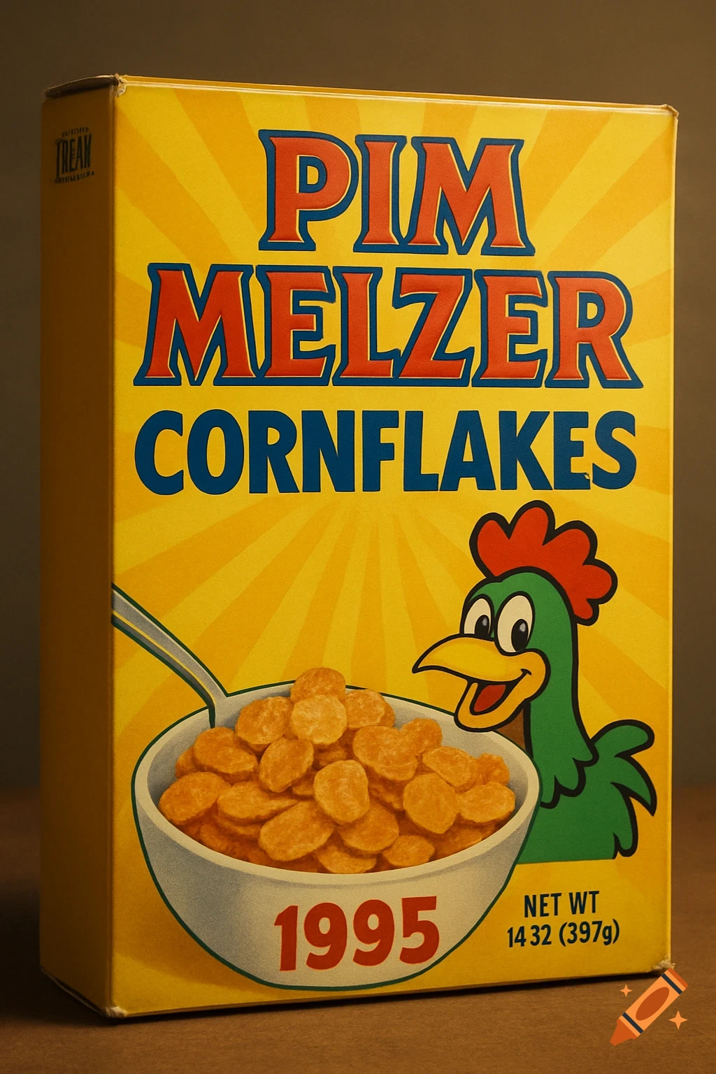 A retro-style yellow cereal box with "PIM MELZER CORNFLAKES" in red and blue letters, a cartoon rooster, and "1995" on a bowl of cereal.
