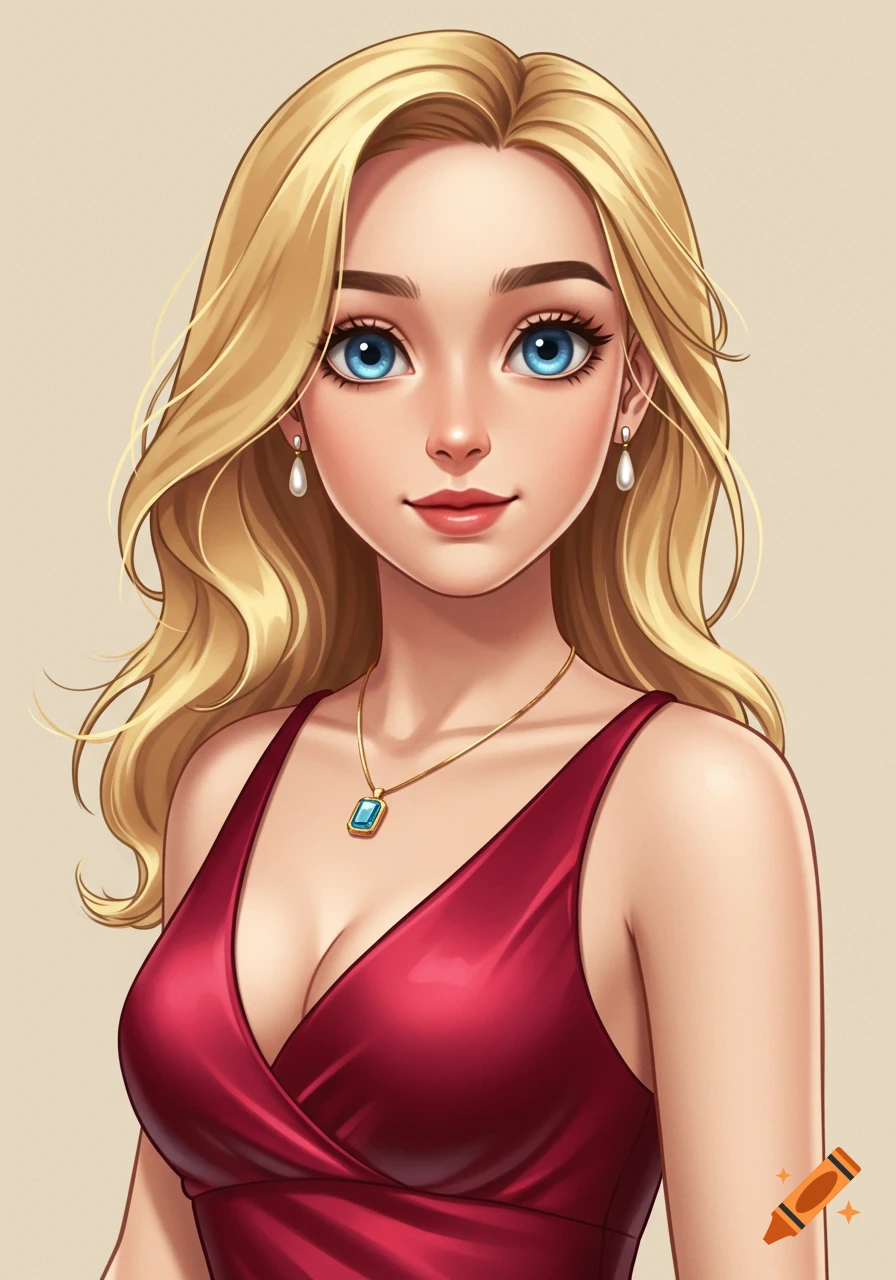 Animated portrait of a young blonde woman with blue eyes, wearing a red V-neck dress, a gold necklace with a blue gemstone, and pearl earrings.