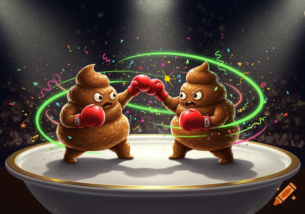 Two stylized brown turd characters wearing red boxing gloves punch each other in a spotlighted ring with confetti.
